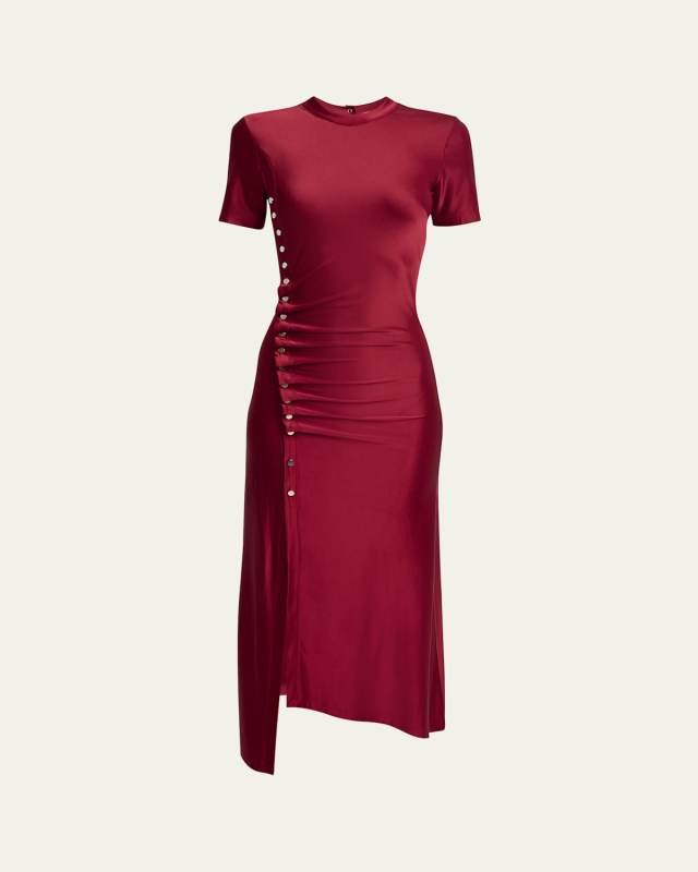 Side Button Ruched Midi Dress